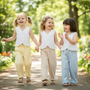 Factory Kids White Sleeveless Blouse and Pants Children Clothing Set Ruffled Flower Hem Girls Clothing Sets