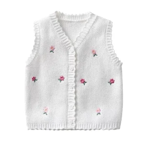 Factory Knitted Baby Girls Vest 100% Organic Cotton Infant Sweater V Neck Sleeveless Single Button Closure Preppy Style Knitwear