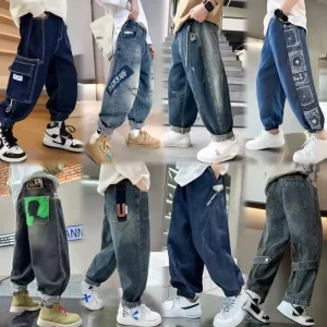 Factory New Arrivals High Quality Regular Fit Children Jeans 0 12 Years Mid Wash Side Pocket Denim Cargo Pants for Boys Girls