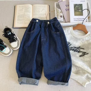 Factory New Korean Style Spring Fashion Loose Straight Leg Jeans for Boys Casual Elastic Waist Pants