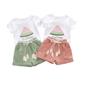 Factory Price Summer Clothing Set for Girls 5 8 Years Watermelon Print Short Sleeve T Shirt Shorts 2 Pcs Set Kids Outfits