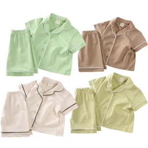 Factory Summer Short Sleeve 100% Cotton Girls Sleepwear Button Down Two Pieces Pyjamas Kids Pajama Set Toddler Girls Clothing