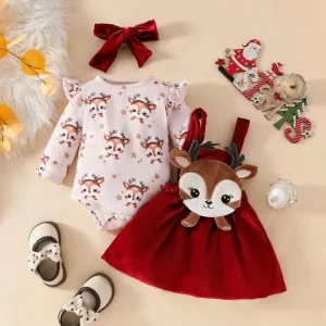 Fall Winter 3pcs Suit Christmas Cute Fawn Baby Girl Long Sleeved Baby Rompers with Velvet Back Belt Skirt Fall Winter 3pcs Suit