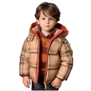 Fall Winter Children’s Clothing Kids Plaid Down Jacket Boys and Girls Hooded Thickened Puffy Jacket Coats