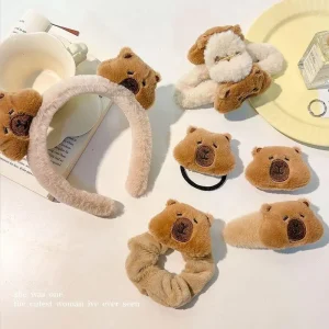 Fall Winter Girl Kid Cute Kawaii Animal Brown Plush Capybara Headband Hair Clip Claw Scrunchies Accessory Set