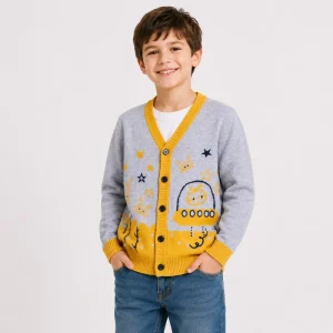 Fall Winter Kids Sweater Long Sleeve V Neck Cotton Knit Baby Boys Sweater Cardigan with Jacquard Pattern