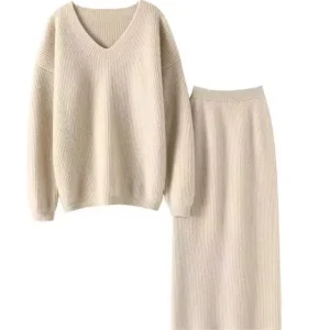 Fall Winter Woman Knit Sweater V-neck Pullover Jumper and Long Skirt Girls 2 Piece Set Wool Cashmere Warm Twinset