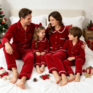 Family Matching Vintage Red Velvet Pyjamas Children Pyjamas Baby Girl Nightie Couple Pajamas Christima Embroidery Pjs