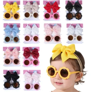 Fashion Anti UV Cute Gift Kids Baby Flower Shape Sunglass and Bow Knot Newborn Toddler Headband Hair Accessories Set