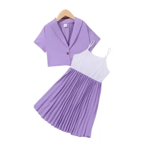 Fashion Big Girls Clothing Short Sleeve Suit Halter Pleated Dress Two Piece Set Children’s Clothing