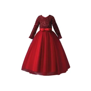 Fashion Bling Bling Children Rose Mesh Flower Girl Dresses Sequined Kids Long Sleeve Soft Net V Neck Princess Party Dresses