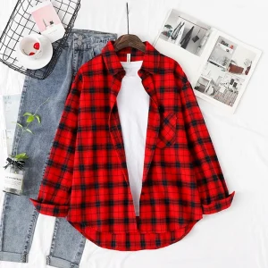 Fashion Casual Female Plaid Loose Long Sleeve Girls Tops Shirt Flannel Shirt Women