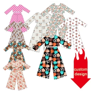 Fashion Children Girls Custom Ruffle Design Long Sleeve Clothing Sets Baby Girl Valentine’s Day Sets