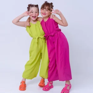 Fashion Children Suit Summer New Design Solid Color Sleeveless Lace up Waist Wide Leg Girls Jumpsuit