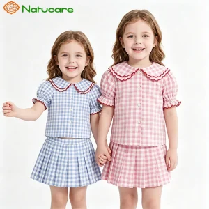 Fashion Girls Clothes Set Cotton Kids Pajamas Short Sleeve Sailor Collar Skirt Set Plaid Pattern 2 Piece Suit for Girl in Summer