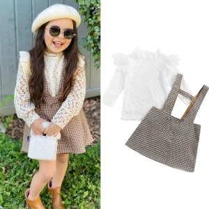 Fashion Girls Clothes Sets Lace Floral Stand Collar Long Sleeve Pullover Tops Suspender Skirt Spring 2pcs Children Outfits