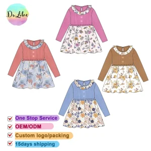 Fashion Girls Dresses Kids Clothes Boutique Baby Clothes Custom Dresses Ruffled Long Sleeve Children’s Clothing