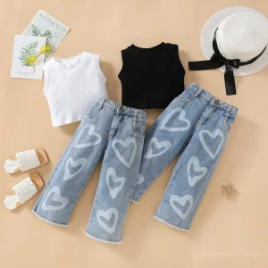 Fashion Girls Summer Suit Set Kids Clothes Set Girls Sleeveless Vest Top Denim Wide Leg Pants Children’s Clothing