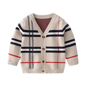 Fashion Kids Baby Button Stripe Sweaters Retro Knitted Cardigan Autumn Winter Boys Girls Jacquard Sweater