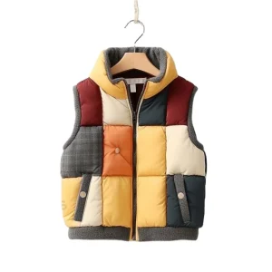 Fashion Kids Plush Waistcoat Color Patchwork Stand Collar Sleeveless Zipper Autumn Winter Warm Boys Vest