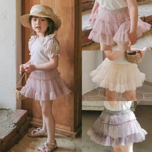 Fashion Korean Kids Girls Hollow Lace Shirt and Skirt Two Piece Set Toddler Girls Tutu Skirt Clothing