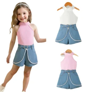 Fashion New Girls Cotton Neck Pit Top Denim Shorts and Belt Three Piece Girls Clothing Set
