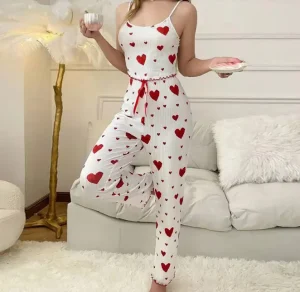Fashion Print Heart 2 Pieces Set Women’s Sleepwear Breathable Sleepwear