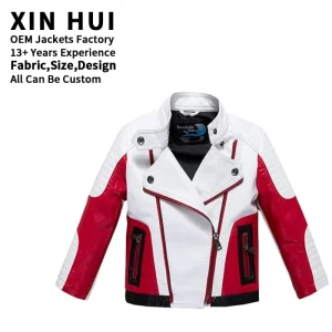 Fashion Racing Style Kids Jacket Red White Colorblock PU Leather Biker Coat OEM Custom Boys Motorcycle Jacket Quilted Sleeve