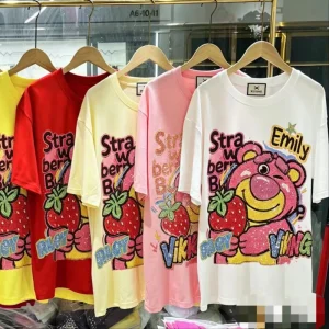 Fashion Short sleeved Women’s T shirt Cartoon Bear Print Loose Style Large Size Short sleeved Shirt Girl Blouse