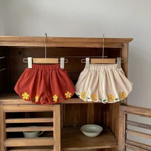 Fashion Spring Autumn Girls Cotton Corduroy Shorts Kids Bloomers With Floral