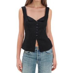 Fashion Style Women’s French Retro Linen and Hemp Lace Spliced Fashion Placket Halter Pure Color Sleeveless Vest Top Hot Girls