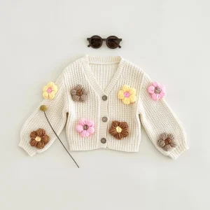 Fashionable Girl Children Knitted Sweater with Buttons Flower Pattern Long Sleeve Warm Soft Kids Girls Sweater