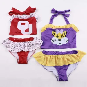 Fashionable Sporty Letter & Mascot Printed Girls Swimsuit Infant Kids Halter Neck Two-Piece Ruffle Skirt Swimwear