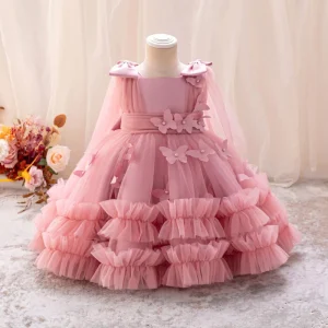 First Birthday Baby Girls Sleeveless Beaded Butterfly Tulle Puffy Princess Dress for Toddlers