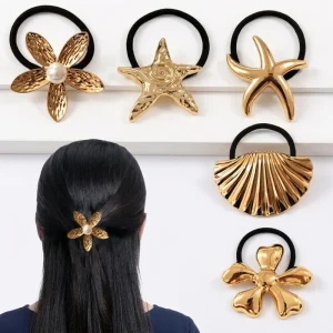 Five Pointed Star Kids Hair Accessories Gold Starfish Stainless Steel Hair Ring Rope Rubber Hair Ties