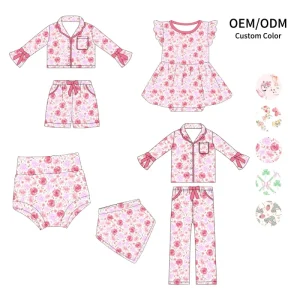 Floral Print Two Piece Bamboo Sleepwear Sets Button Down Short Shirt+Shorts Pajamas Sets for Girls