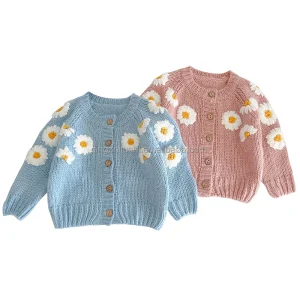 Floral Print Winter Girl Hand Embroidered Sweater Single Button Cardigan Knitted Baby Sweaters