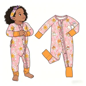Floral Printed Bamboo Romper Toddler Girl Butt Ruffle Zipper Jumpsuit for Kids