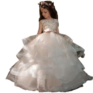 Flower Girl Dresses Appliqued Sashes Scoop Neck Sleeveless Princess Pageant Dress Kids Long Party Gown First Holy Communion