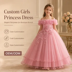 Flower Girl Wedding Dress Pink Fluffy Tulle Ball Gown for 8 Year Olds Embroidered Children’s Birthday Party Outfit for Summer