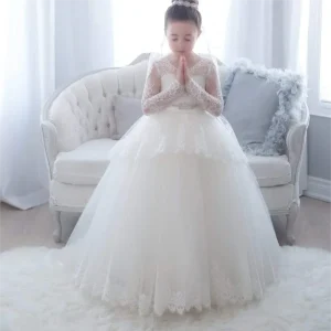 Flower Girls Dresses Tulle Lace Appliques Crystal Beads Puffy Children Kids Party Communion Gowns Ball Gown