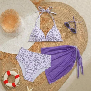 Flower Print Two Piece Swim Clothes Beach Pool Vacation Swimsuits for Girls Kids Aged 8 to 12