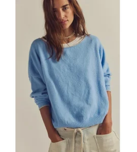 Fluffy Blue Knit Pullover Sweater, Drop Shoulder, Merino Wool Polyester