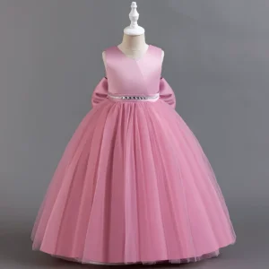 Fluffy Princess Dress Elegant Bow Pink Wedding Prom Evening Party Satin Top Tulle Flower Girls Dresses