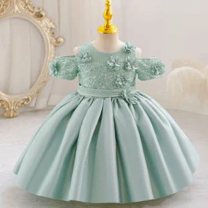 Fluffy Satin Princess Dress for Girls 3D Flower Girl Dress Performance Wedding Party Kid Dress