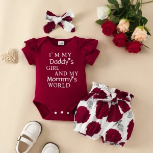 For Baby Short Sleeve Triangle Romper Shorts Set Infant Girl Alphabet Flowers Summer Belt Polyester Pants