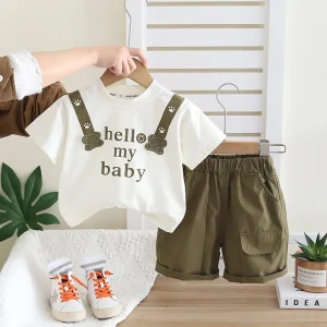 Foreign Trade Boys’ Girls’ Korean Style Printed 100% Nylon Summer Two-piece Suit Short Sleeve Shorts Drawstring Closure Small
