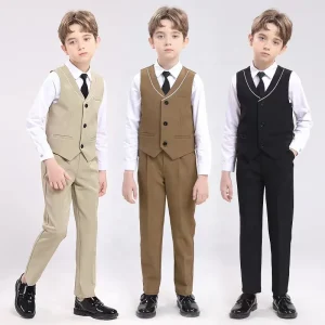 Formal Children’s Boys English Style Waistcoat Suit Set V Neck Polyester Rayon Birthday Performance Dress