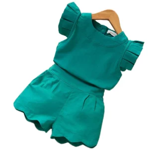 Free Tax USA New Summer Solid Pattern Kids Girls Clothing Sets Casual Short Sleeve T-Shirt and Pant Dress 2pcs Children Suits