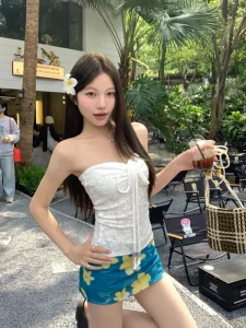 French Drawstring Blue Floral Tube Top Women Separate Swimwear Set Coastal Summer Vacation Beach Holiday Swimsuit for Girl